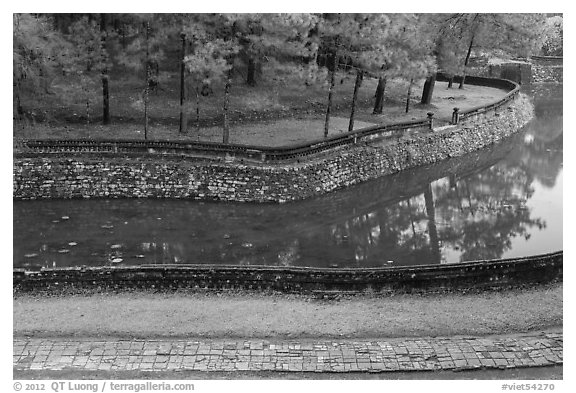 Walkway, Luu Khiem Lake arm, and stone fence, Tu Duc Tomb. Hue, Vietnam (black and white)