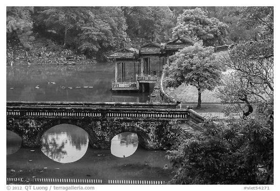 Stone bridge, pavilion, and Luu Khiem Lake, Tu Duc Tomb. Hue, Vietnam (black and white)