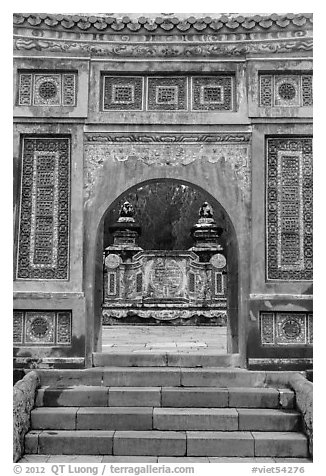 Emperor Tu Duc tomb seen through gate, Tu Duc Tomb. Hue, Vietnam (black and white)