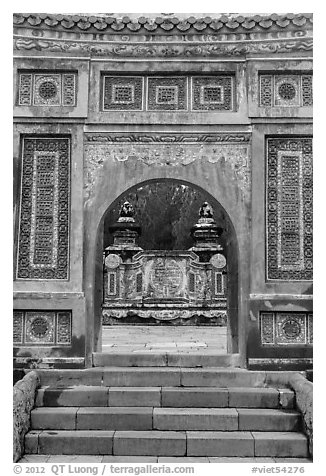 Emperor Tu Duc tomb seen through gate, Tu Duc Tomb. Hue, Vietnam (black and white)