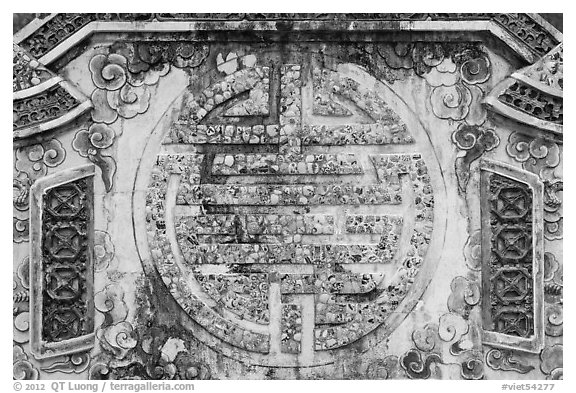 Longevity chinese character made of ceramics, Tu Duc Tomb. Hue, Vietnam (black and white)