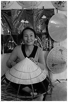 Woman making the Vietnamese conical hat. Hue, Vietnam (black and white)