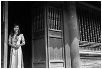 Woman in doorway, Temple of the Litterature. Hanoi, Vietnam (black and white)