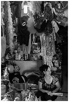 Store selling party costumes and decorations, old quarter. Hanoi, Vietnam (black and white)