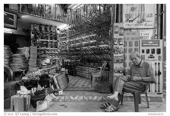 Store selling hardware, old quarter. Hanoi, Vietnam (black and white)