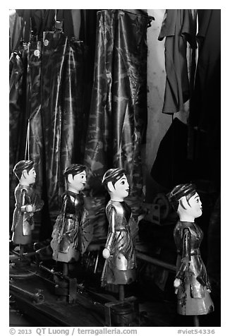 Puppets and waterproof bibs, Thang Long Theatre. Hanoi, Vietnam (black and white)