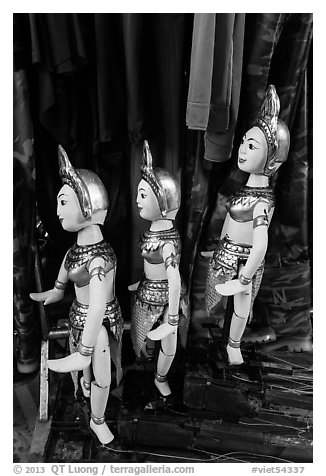 Puppets and clothing worn by water puppeters, Thang Long Theatre. Hanoi, Vietnam (black and white)