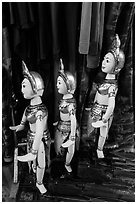 Puppets and clothing worn by water puppeters, Thang Long Theatre. Hanoi, Vietnam (black and white)