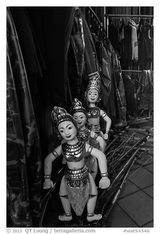 Water puppets controlled using long bamboo rods and string mechanism. Hanoi, Vietnam (black and white)