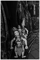 Water puppets controlled using long bamboo rods and string mechanism. Hanoi, Vietnam (black and white)