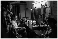 Artists backstage before water puppet performance, Thang Long Theatre. Hanoi, Vietnam (black and white)