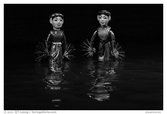 Water puppets (2 characters with fans), Thang Long Theatre. Hanoi, Vietnam (black and white)