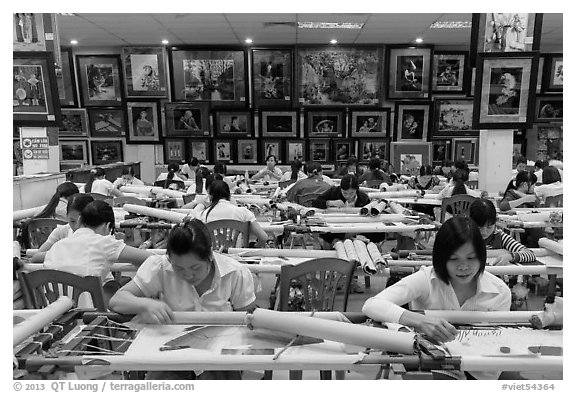 Workers in embroidery factory. Vietnam (black and white)