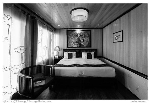 Cruise boat stateroom with curtains drawn. Halong Bay, Vietnam (black and white)