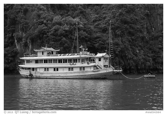 Tour boat painted white. Halong Bay, Vietnam (black and white)