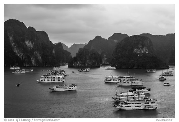 Tour boats and karstic islands from above. Halong Bay, Vietnam (black and white)