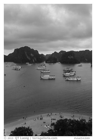 Elevated view of beach, boats and karst from Titov Island. Halong Bay, Vietnam (black and white)