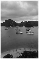 Elevated view of beach, boats and karst from Titov Island. Halong Bay, Vietnam ( black and white)