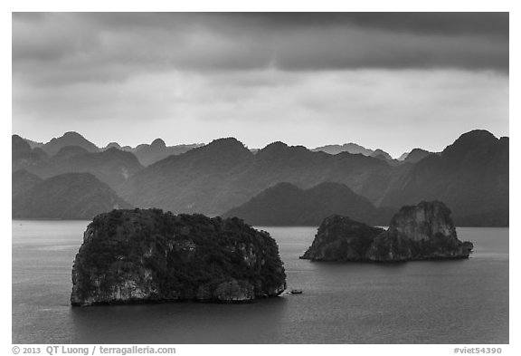 Panoramic view of islets. Halong Bay, Vietnam (black and white)