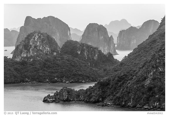 Monolithic karstic islands from above. Halong Bay, Vietnam (black and white)