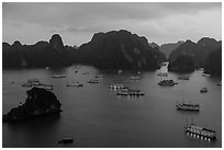 Moored boats and islands from above at dusk. Halong Bay, Vietnam (black and white)