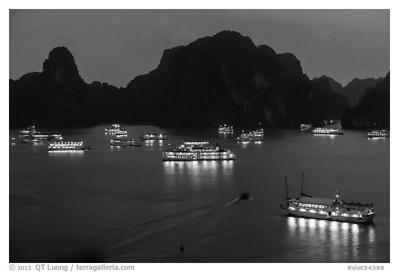 Flotilla of tour boats and islands at night. Halong Bay, Vietnam (black and white)