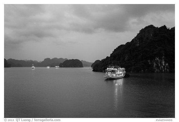 Tour boats at dawn. Halong Bay, Vietnam