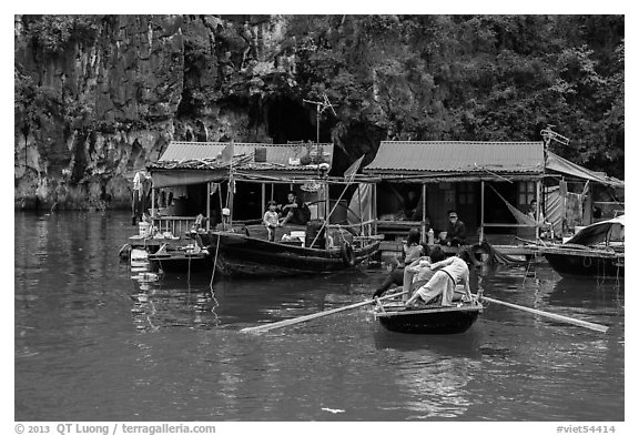 Floating houses, Vung Vieng village. Halong Bay, Vietnam (black and white)