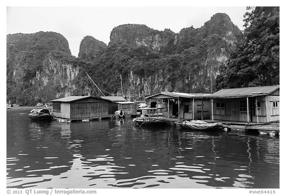 Vung Vieng village below karstic islands,. Halong Bay, Vietnam (black and white)