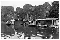 Vung Vieng village below karstic islands,. Halong Bay, Vietnam (black and white)