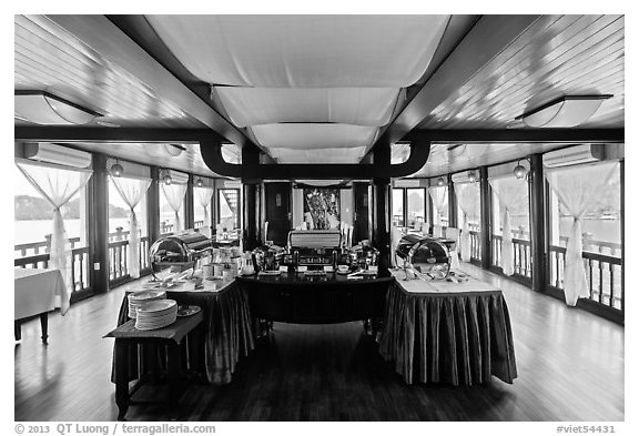 Tour boat dining room. Halong Bay, Vietnam (black and white)