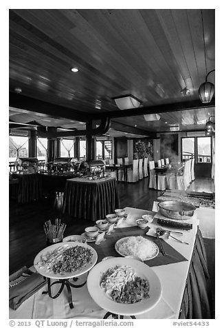 Pho buffet in tour boat dining room. Halong Bay, Vietnam (black and white)