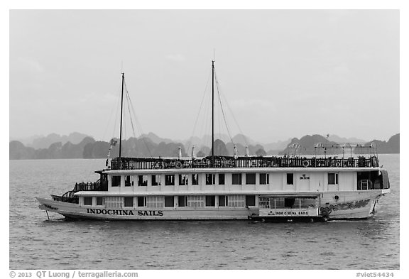 Indochina Sails tour boat. Halong Bay, Vietnam (black and white)