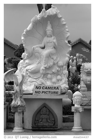 Stone carvings with No Camera No picture sign. Vietnam (black and white)