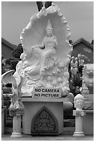 Stone carvings with No Camera No picture sign. Vietnam (black and white)