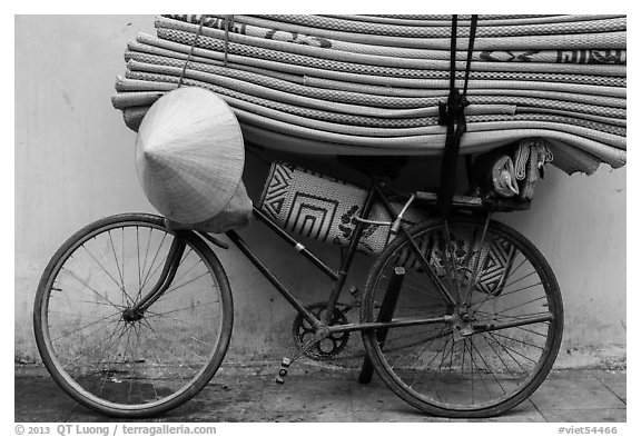 Bicycle loaded with mats, old quarter. Hanoi, Vietnam (black and white)