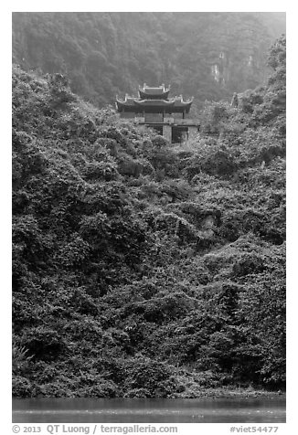 Temple perched on lush hill, Trang An. Ninh Binh,  Vietnam (black and white)