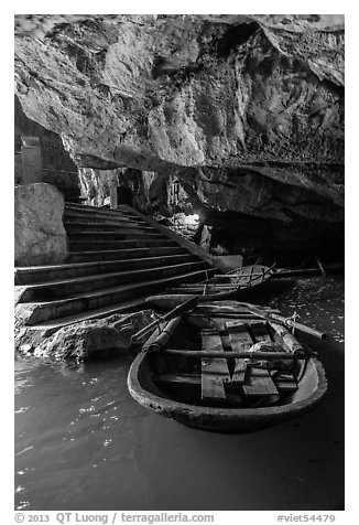 Boats moored inside cave, Trang An. Ninh Binh,  Vietnam (black and white)