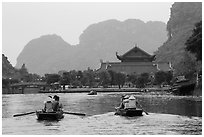 Boats near hall, Trang An. Ninh Binh,  Vietnam (black and white)