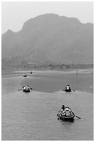 Rowboats on Sao Khe River, Trang An. Ninh Binh,  Vietnam (black and white)