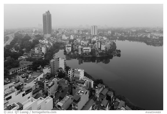 Elevated view of urban area around West Lake. Hanoi, Vietnam (black and white)