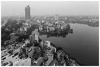 Elevated view of urban area around West Lake. Hanoi, Vietnam (black and white)