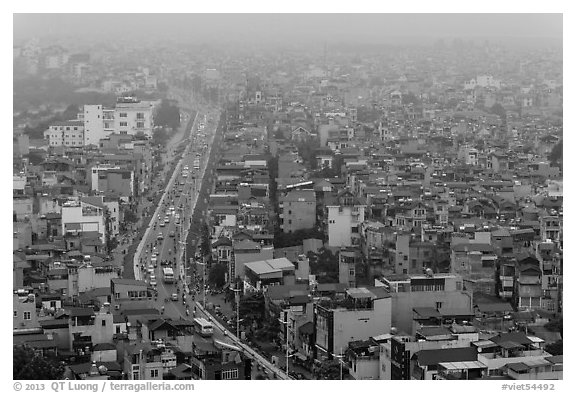 West Lake district from above at dusk. Hanoi, Vietnam (black and white)