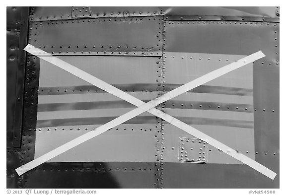 Crossed-out flag of South Vietnam. Hanoi, Vietnam (black and white)