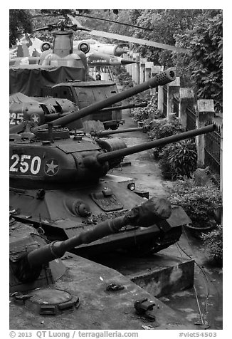 Tanks, helicopters, and warplanes, military museum. Hanoi, Vietnam (black and white)