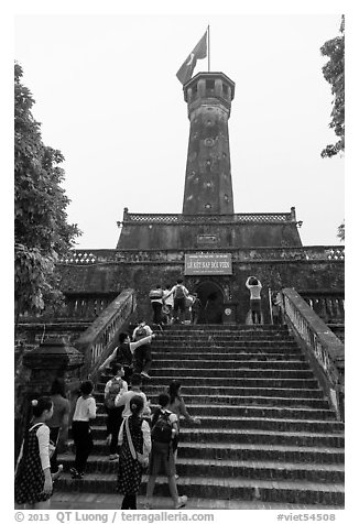 Schoolchildren visiting Flag Tower, Hanoi Citadel. Hanoi, Vietnam (black and white)