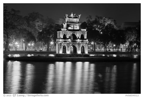 Turtle tower at night, Hoang Kiem Lake. Hanoi, Vietnam