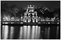 Turtle tower at night, Hoang Kiem Lake. Hanoi, Vietnam (black and white)