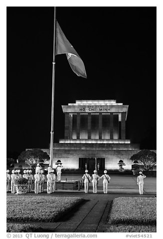 Vietnam flag lowering ceremony, Ho Chi Minh Mausoleum. Hanoi, Vietnam (black and white)