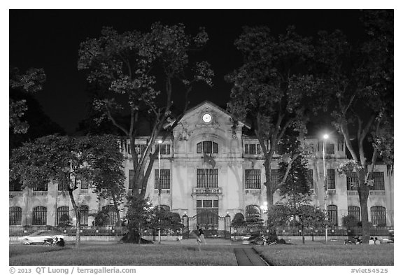 Colonial-area buildings bordering Ba Dinh Square at night. Hanoi, Vietnam